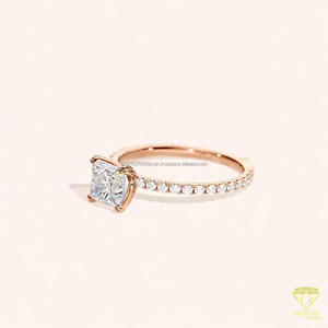 Anillo de compromiso de moissanita con corte princesa, banda pavé, solitario, oro rosa, anillo de promesa nupcial para mujer - Product Image 4