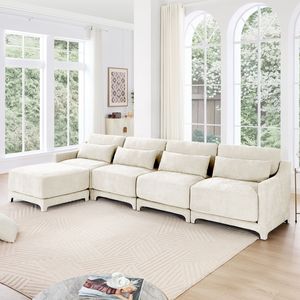Divano in Tessuto Chenille di Alta Qualità a Quattro Posti con Pouf Mobile, Base in Legno Facile da Installare, Ergonomico e Resistente per Soggiorno - Product Image 1