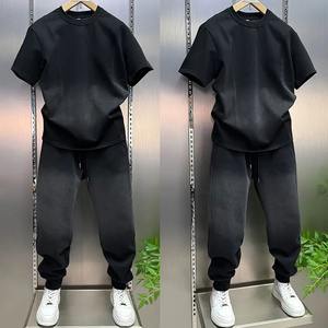Ensemble décontracté homme de haute qualité effet délavé, ensemble complet tendance, haut et pantalon teints, confortable, 2 pièces (t-shirt et pantalon) - Product Image 3