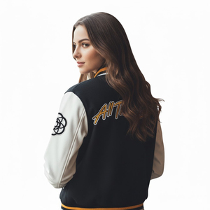 Veste Bomber Rétro Personnalisée SHY OEM en Laine Polaire avec Broderie Jaune, Patchwork et Manches en Cuir Blanc – Manteau d'extérieur - Product Image 5