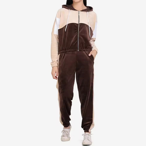 <b>Women</b> Color Blocked <b>Velour</b> <b>Tracksuit</b> Set Zip-Up Hoodie Long Jogger Pants Casual Autumn Wear Full Sleeve Breathable Design - Product Image 1