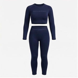 North Approach 2 Piece Yoga Set Full Length High Waist Solid <b>Navy</b> Sweat Wicking Breathable Women's Sportswear - Product Image 1