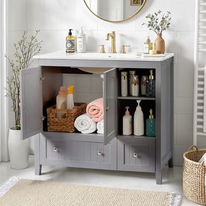 Meuble-lavabo moderne gris en MDF laqué à double porte et 2 tiroirs, 91x46x82cm, avec moulures décoratives et miroir, idéal pour les hôtels - Product Image 1