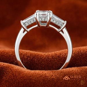 925 Sterling <b>Silver</b> <b>Emerald</b> Cut Moissanite/Diamond Engagement <b>Ring</b> for Women, Three Stone <b>Ring</b> with Tapered Baguette Side - Product Image 4