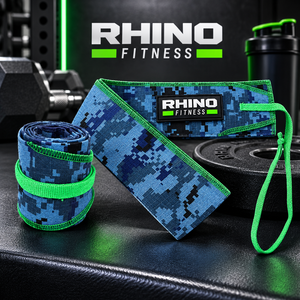 สายรัดข้อมือ RHINO FITNESS ลายพรางสีน้ำเงิน ผลิตจากโพลีเอสเตอร์และผ้าฝ้าย พร้อมแถบตีนตุ๊กแกสำหรับยกน้ำหนัก เพาเวอร์ลิฟติ้ง และออกกำลังกายในยิม - Product Image 5