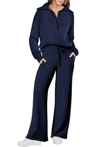 Women Black Quarter-<b>Zip</b> <b>Hooded</b> Tracksuit Set Full Sleeve Solid Color Casual Sweatpants With Drawstring Loose Fit Autumn Wear - Product Image 2