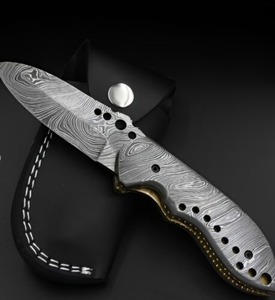 Cuchillo Plegable de Acero de Damasco de Grado Industrial BA Enterprises, Hoja con Punta Caída, Mango de Acero de Damasco, Cuchillo de Bolsillo de Borde Recto - Product Image 1