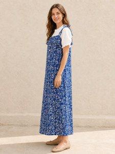 Premium Blue Color Floral Print Pinafore <b>Dress</b> Women's Square Neck Button Front Pocket Short Sleeve Shoulder <b>Straps</b> Long Wear - Product Image 3