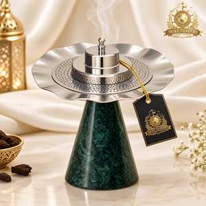 Green Marble Base Silver Finish <b>Incense</b> <b>Burner</b> Tabletop Arabic Aroma Diffuser Luxury Fragrance Holder Home Bakhoor <b>Burner</b> - Product Image 1