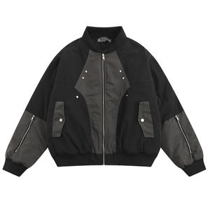 Blouson bomber long unisexe noir et gris décontracté en nylon de haute qualité avec fermeture éclair, col montant et poches utilitaires, style streetwear - Product Image 3