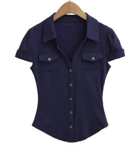 Camisa de Manga Corta para Mujer, Cuello Camisero, Color Sólido, Blusa Casual con Bolsillos, Corte Regular - Product Image 2