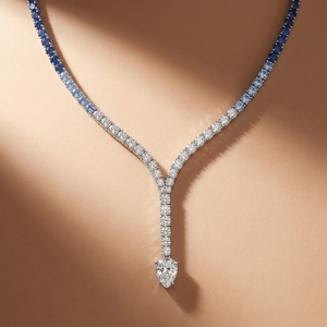 Collar de tenis tipo lariat de lujo para mujer con diamantes de laboratorio azules, corte pera, de oro blanco de 10K/14K/18K, cultivados en laboratorio y con graduación. - Product Image 1