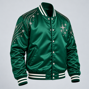 Stylish Crystal Rhinestone Satin Jacket Luxury <b>Star</b> Embellished Varsity Bomber Coat with Shiny <b>Fabric</b> for Fashion Streetwear Out - Product Image 4