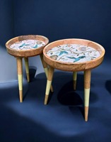 Ensemble de tables basses gigognes style moderne, 2 pièces, base pliable, design chevrons, écologique, en bois de manguier rustique et métal, pour salon et événements