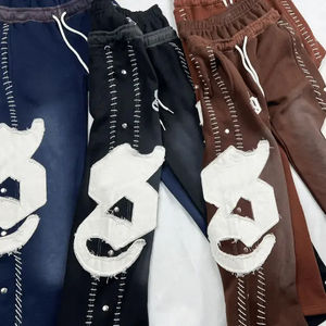 Conjuntos de Sudadera con Capucha de Algodón y Felpa de Corte Holgado y Pantalones Deportivos Acampanados del Fabricante, con Apliques Personalizados y Parches Bordados con Efecto Desgastado - Product Image 6