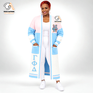 Women's Custom Gamma Phi Delta Sorority <b>Long</b> <b>Cardigan</b> Front Sky Blue Pink Casual Full Sleeve 100% Polyester Breathable - Product Image 1