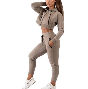 Wholesale custom logo women zipper crop top tech fleece hoodie with plain trousers sweatsuits set - Product Image 1