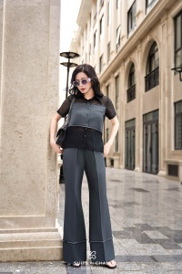 Regular Women's Two Piece Short-Sleeve Shirt Flared Pants Set VANTA Office Lady Spandex / Polyester Full Length <b>Patchwork</b> - Product Image 4