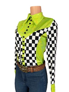 Camisa de rodeo verde neón para mujer, estilo ecuestre occidental, top de espectáculo, patrón sólido, tela elástica brillante - Product Image 2