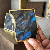 Nouvel Arrivage – Sous-verres en Agate Labradorite Éclatante, Forme Naturelle, Bordure Dorée, Faits Main, Écologiques, Tranches