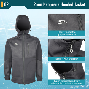 Chaqueta con Capucha de Neopreno de 2mm, Personalizable OEM/ODM, Negra/Geométrica, para Surf, con Cremallera YKK y Bolsillo para Teléfono Inteligente - Product Image 3