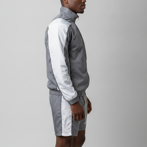 OEM <b>Men's</b> Gray <b>White</b> Color Blocking Two-Piece Windproof Waterproof Sporty <b>Jacket</b> & Shorts Set 100% Polyester - Product Image 6