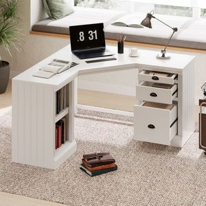 Scrivania Direzionale Moderna a L da 146,5 cm con 2 Armadietti e 3 Cassetti, Scrivania Angolare per Ufficio e Computer - Product Image 1