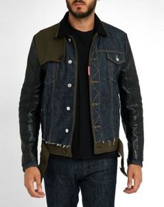 Chaqueta de Mezclilla para Hombre, Cuello Alto de Cuero, Cierre de Cremallera, Estilo Casual Otoñal, Tela Azul Lavada - Product Image 2