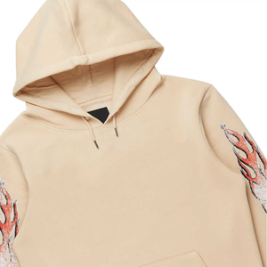 Survêtement beige imprimé pour homme, coupe évasée, sweat à capuche à épaules tombantes, pantalon pattes d'éléphant en molleton de coton, confortable - Product Image 3
