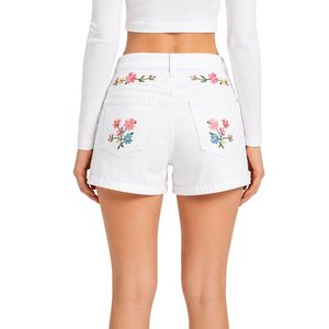 Shorts de Mezclilla Blancos de Cintura Alta para Mujer con Bordado Floral Colorido, Shorts Casuales de Verano, Ropa de Moda Personalizada OEM ODM - Product Image 2