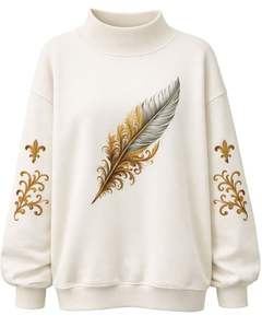 Sudadera Oversize Blanca Personalizada para Mujer, Cuello Alto, Estampado de Plumas, Informal, de Invierno, de Algodón y Poliéster, Cálida - Product Image 1