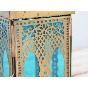 <b>Brass</b> Rectangular <b>Lantern</b> with Blue Glass Panels and Intricate Cutouts for Home Decoration Durable Finish - Product Image 2