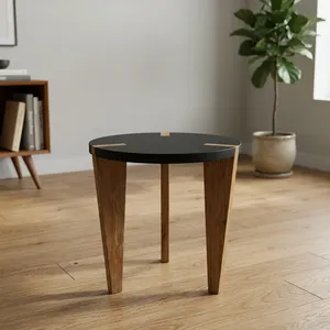 Modern <b>Round</b> <b>Side</b> <b>Table</b> With Wooden Legs <b>Black</b> Top Minimalist Design Living Room Furniture Handmade Wood Frame - Product Image 2