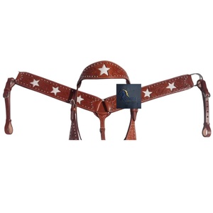 Western Brown <b>Leather</b> Horse Headstall and Breast Collar Set with White Star Inlay Studded Tack Gear - Product Image 2