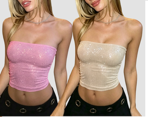 <b>Women's</b> Strapless Knitted <b>Sequined</b> Tank <b>Top</b> Solid Color Short Length Sexy Club Style Spandex Polyester Blend - Product Image 1