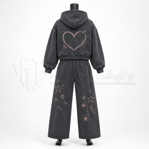Conjunto de chándal de 2 piezas para mujer: Sudadera con capucha oversize lavada y pantalones de pierna ancha con estampado de estrellas, estilo casual urbano. - Product Image 2