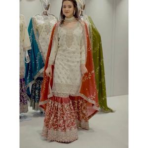 FATEMA FASHION Salwar Kameez prêt-à-porter pakistanais moderne, broderie, paillettes, nouvelle collection, haut, sharara, dupatta, chinon indien - Product Image 1