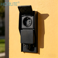 Stopkontak Dinding Taman Luar Ruangan Horlite HR60831 |   Perlindungan IP44 |   2 Soket |   Hitam Doff |   110-240V AC |   Garansi 2 Tahun
