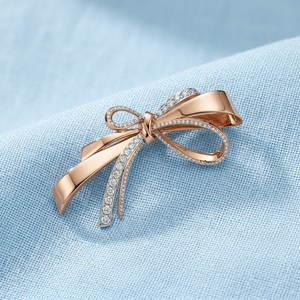 14K Rose Gold <b>Bow</b> Brooch Diamond Ribbon Pin Elegant Jewelry <b>Gift</b> for Unisex Engagement Wedding Party - Product Image 5