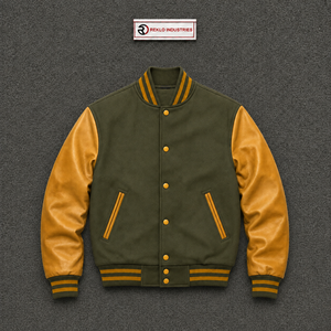 Blouson universitaire personnalisé en olive avec manches jaune doré – Blouson bomber classique de baseball pour homme, style universitaire, coupe ajustée, vente en gros - Product Image 5
