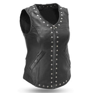 Gilet moto en cuir véritable pour homme avec clous, col en V, fermeture éclair, décoration à rivets, respirant, vêtement d'extérieur, couleur unie, automne - Product Image 1