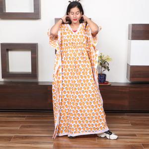 Vestido Kaftán Maxi Holgado con Estampado de Puntos Naranjas, Manga Corta, 100% Algodón, Transpirable, Ropa Casual de Verano, Cuello en V, Corte Recto - Product Image 1