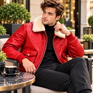 Men's <b>Red</b> Studded Leather Bomber Jacket for Shearling Fur Stand Ribbed Cuffs Zip Closure <b>Silk</b> Lining Winter Vintage Luxury - Product Image 6