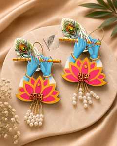 Conjunto de Adorno para Puerta Hecho a Mano con Flauta del Dios Krishna y Mor Pankh Shubh Labh, para Decoración Tradicional India del Hogar, Festival Diwali - Product Image 3