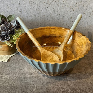 SANIYA HANDICRAFT superbe ensemble de bol de service de Style Design nordique sculpté à la main couleur grise cuillères en bois de mangue pour cadeau de salade de fête - Product Image 1