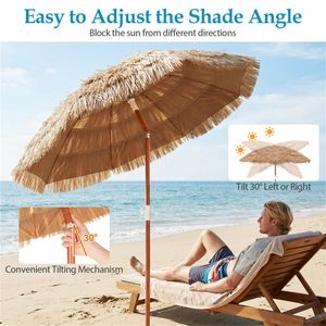 Set di 2 Ombrelloni Tiki in Paglia Naturale da 1,8 m, Ombrellone Tropicale da Esterno in Acciaio con Pulsante di Inclinazione per Ristoranti, Hotel e Piscine - Product Image 6