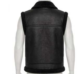<b>Men's</b> <b>Black</b> Leather Sherpa Lined <b>Vest</b> Zip fur turn down caller Waistcoat Windproof - Product Image 3