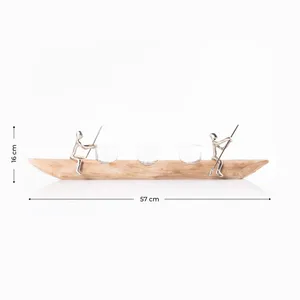 Support à bougies en bois fait main avec des rameurs en argent et trois porte-verres, 57 cm de long, pour la décoration de la maison - Product Image 4