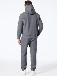 Ensemble survêtement gris à capuche pour homme 100% coton, manches longues, couleur unie, sweat-shirt et pantalon décontractés avec poches latérales - Product Image 3