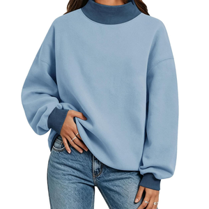OEM <b>Women</b> light <b>Blue</b> trim rib Mock Neck Sweatshirt Custom Logo Plain <b>Fleece</b> Crewneck Oversized Turtleneck Sweatshirt - Product Image 1